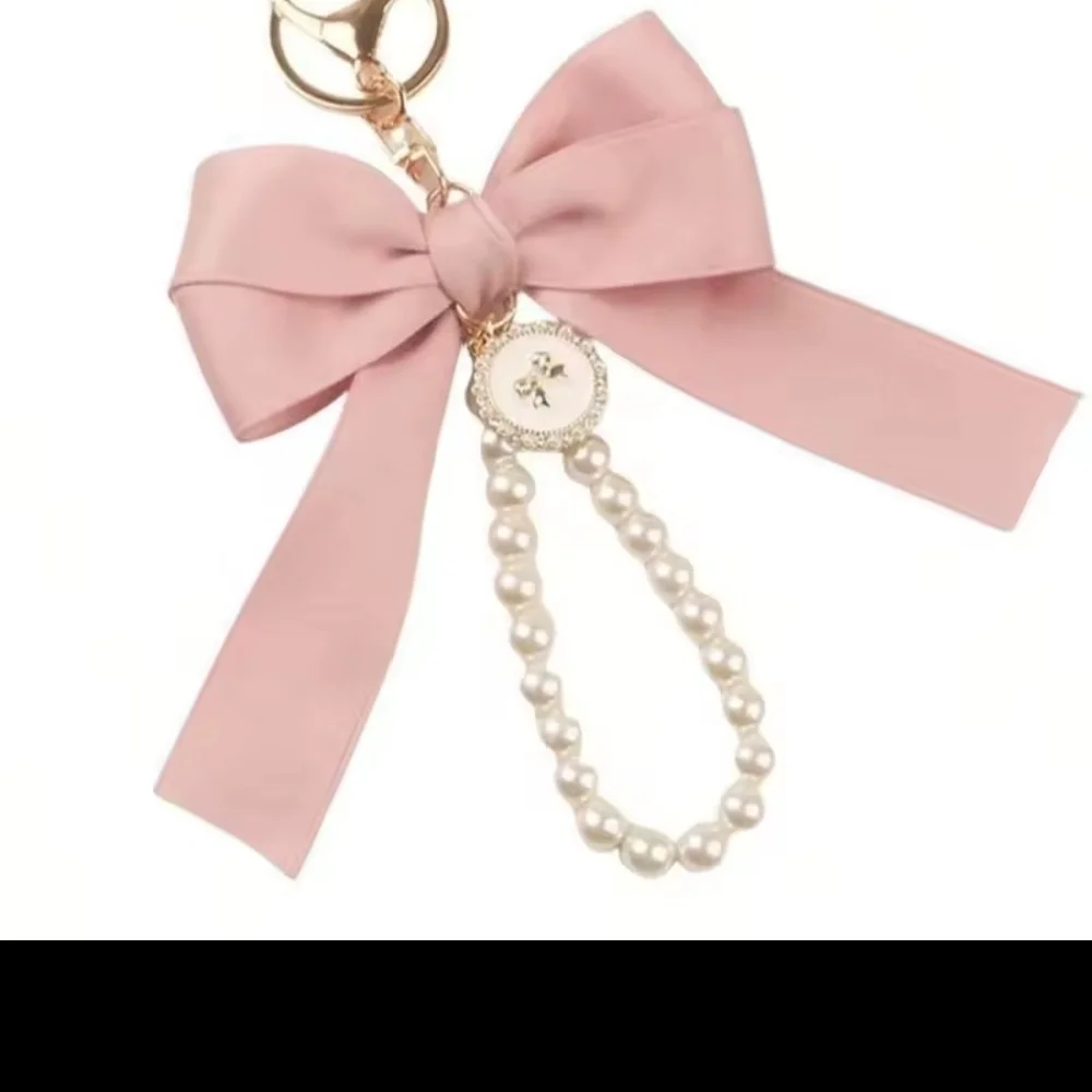 Elegant Pink Bow Phone/Purse Accessory with Pearl Chain